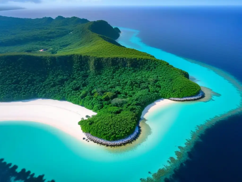 Vista aérea de isla privada inaccesible, aguas turquesa, playa blanca, villa de lujo en acantilado