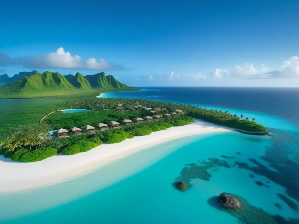 Vista aérea de una isla privada rodeada de aguas turquesas, playas blancas y exuberante vegetación, con una villa de lujo entre palmeras