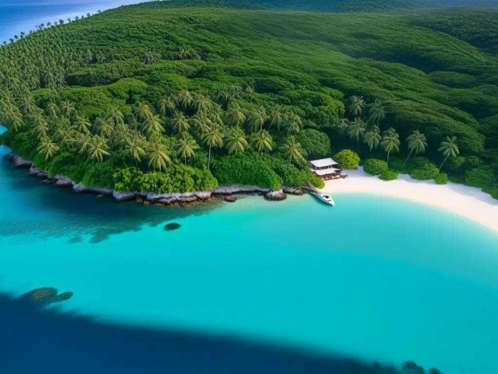 Vista aérea de isla privada exclusiva rodeada de aguas turquesas, playas blancas, villas lujosas y yate elegante