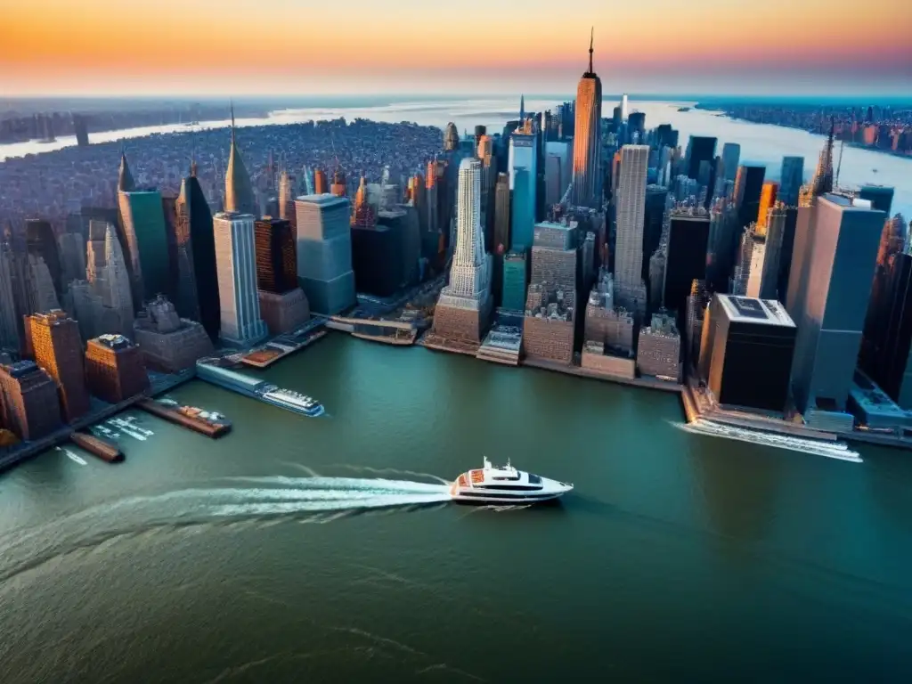 Vista aérea de lujo de Manhattan al atardecer desde un yate en el río Hudson