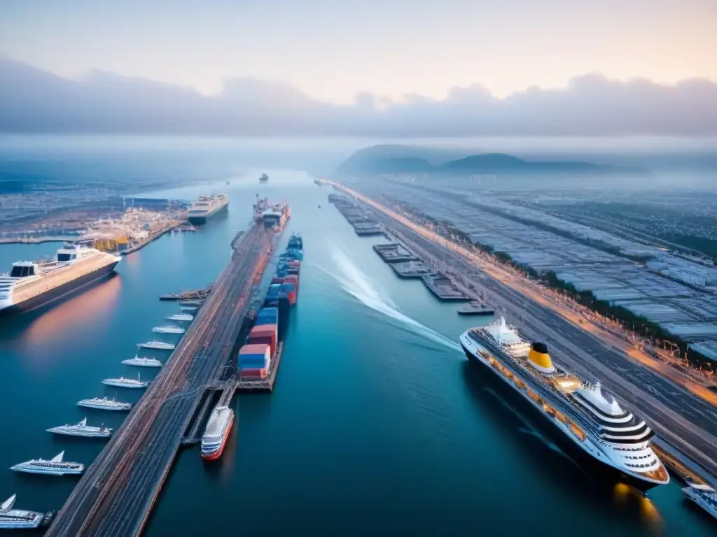 Vista aérea serena de ciudad portuaria con crucero, destacando impacto económico puertos cruceros