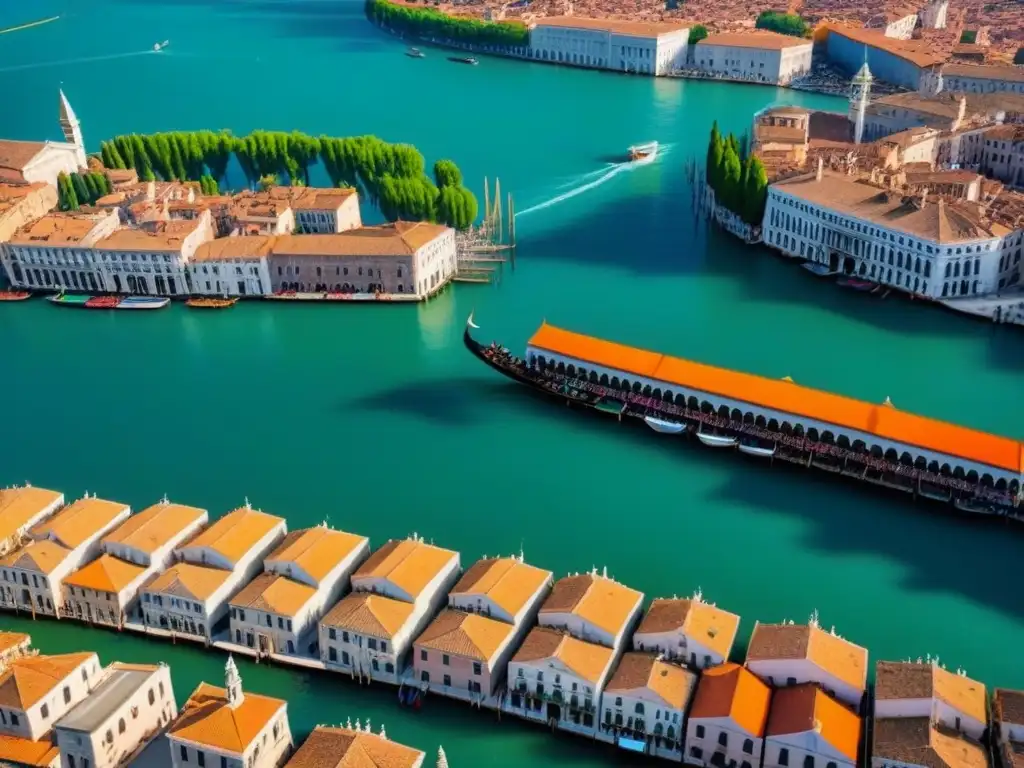 Vista aérea serena de Venecia, con góndolas en los canales y edificios coloridos bajo cielo azul