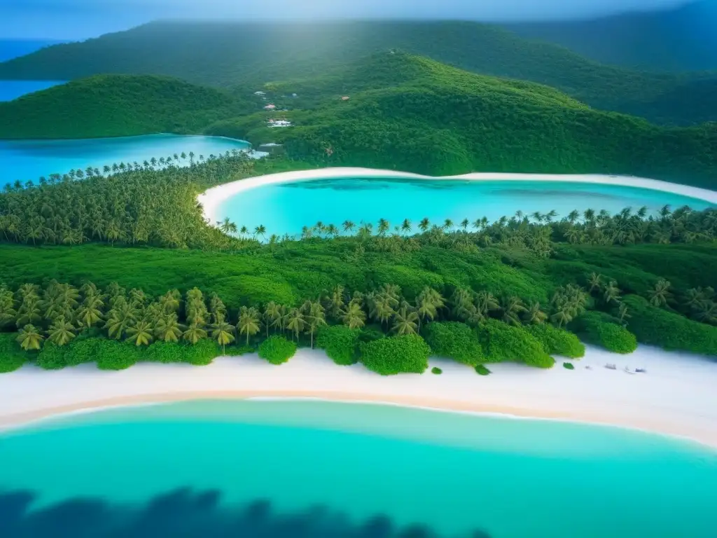 Vista aérea serena de isla privada con aguas turquesa, vegetación exuberante, villa lujosa y yate