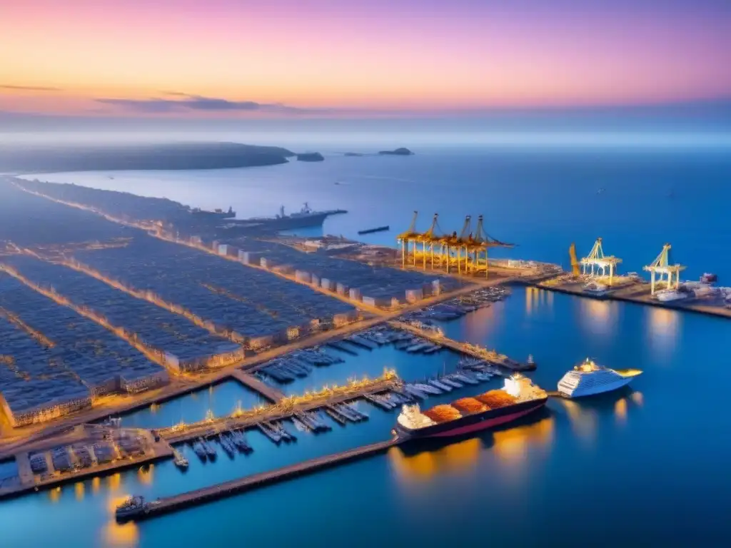 Vista aérea serena de puerto al anochecer con luz dorada, barcos y grúas en red de muelles