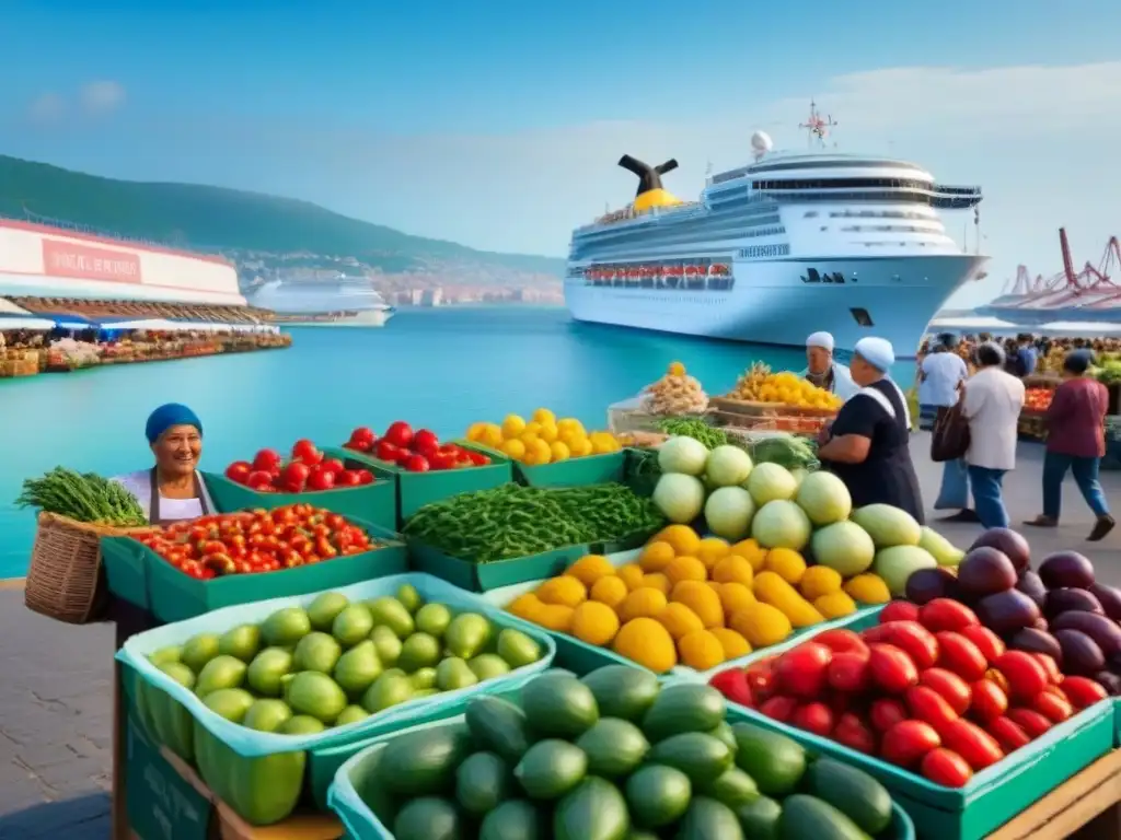 Vista de un animado mercado local frente a un puerto sereno, donde los cruceros benefician la gastronomía local