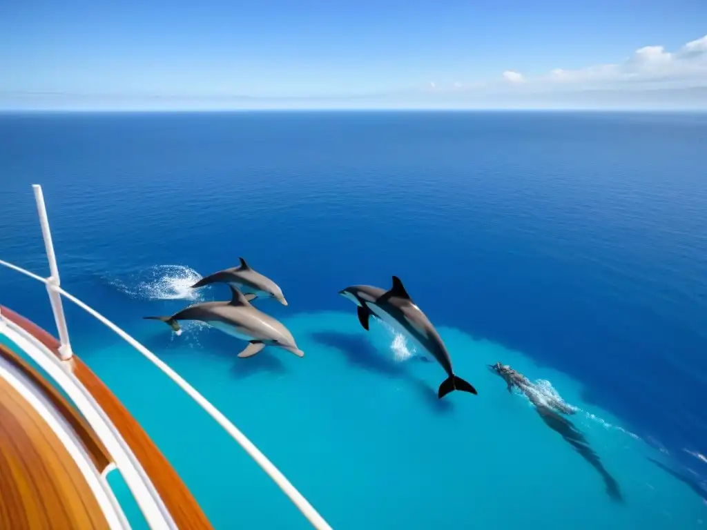 Vista cristalina del océano desde un crucero, con delfines nadando