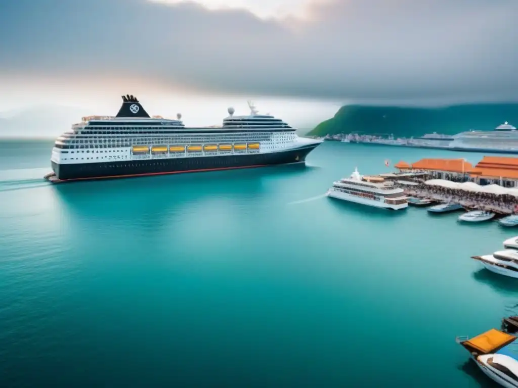 Vista detallada de una bulliciosa ciudad portuaria con un crucero atracado, destacando el impacto económico cruceros locales