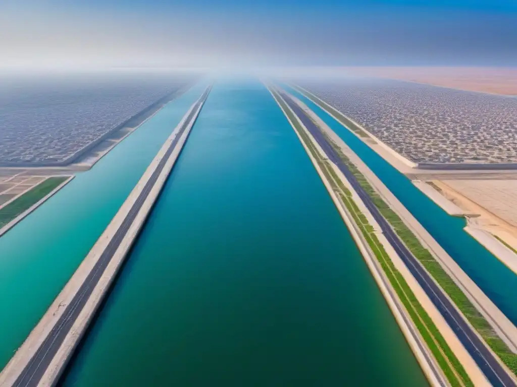 Una vista detallada y minimalista de las esclusas del Canal de Suez, destacando su ingeniería y flujo global de agua