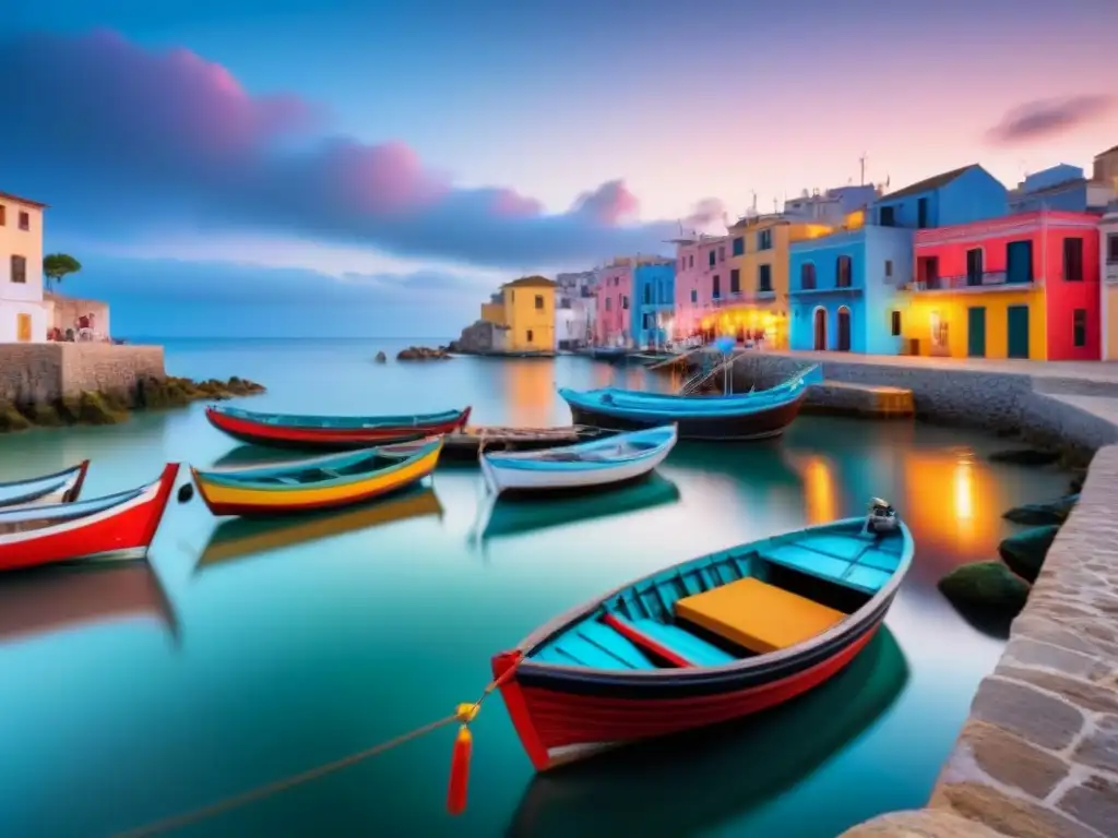 Vista detallada de un pueblo costero al amanecer, con barcos de pesca y edificios coloridos