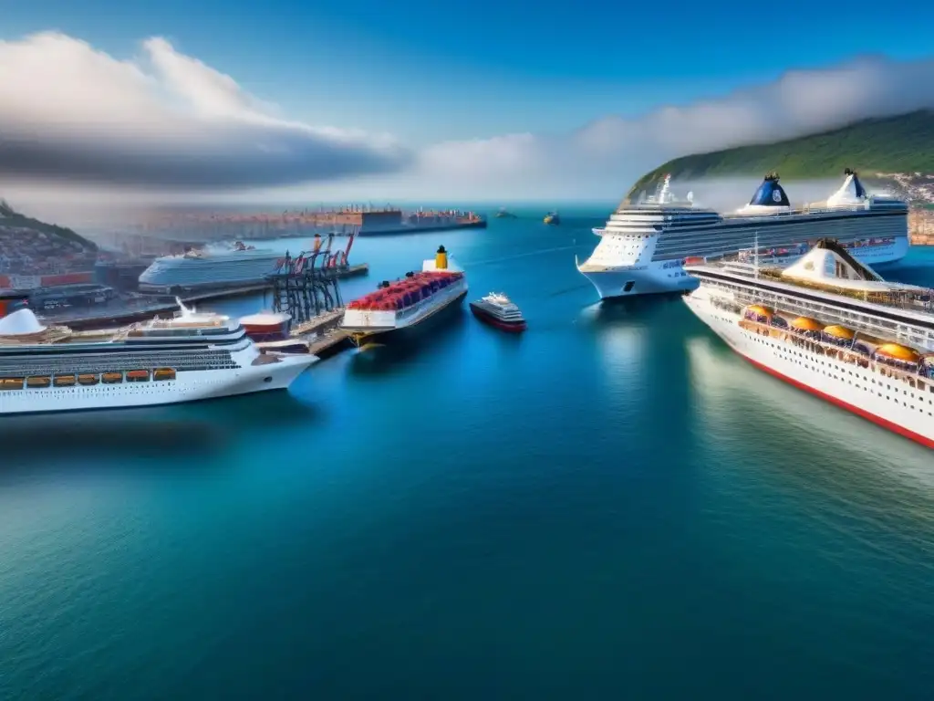 Vista detallada de un puerto bullicioso con cruceros atracados y actividad comercial, reflejando el impacto de los cruceros en la economía local