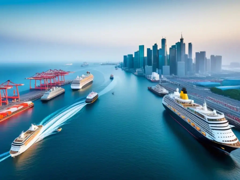 Vista detallada de un puerto con cruceros y ciudad moderna, destacando el impacto económico del turismo marítimo