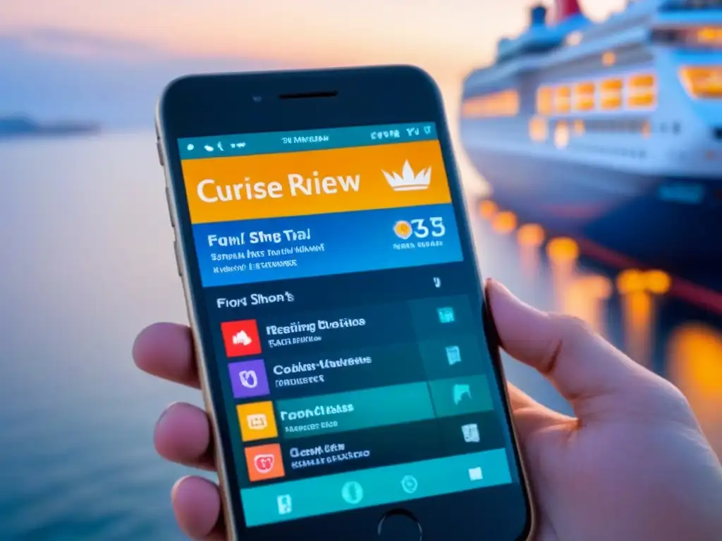 Una vista detallada de un smartphone futurista con una app de reseñas de cruceros marítimos