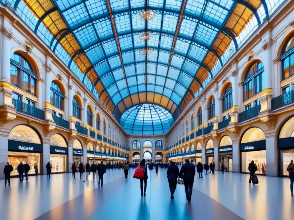 Vista detallada de la icónica Galleria Vittorio Emanuele II en Milán, con compradores y turistas