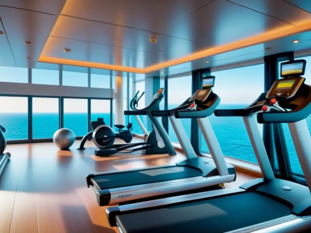 Vista exclusiva del gimnasio de lujo en un crucero, con moderno equipo deportivo y vistas al mar