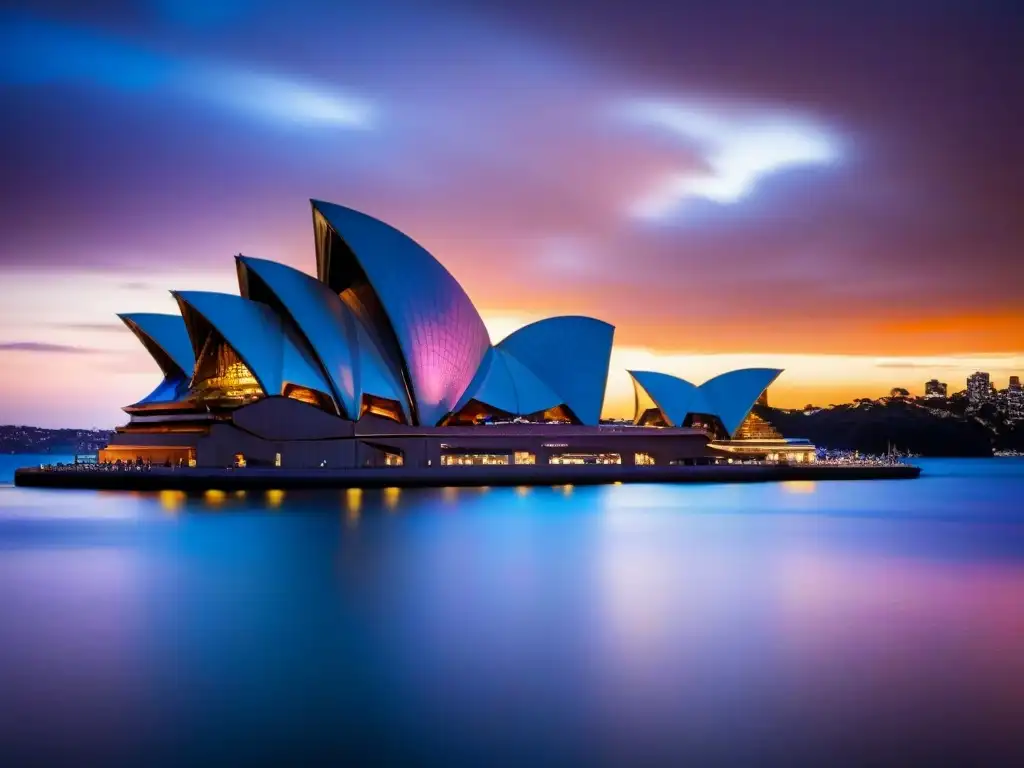 Una vista icónica del atardecer en Sídney con la Ópera y su reflejo dorado en el agua