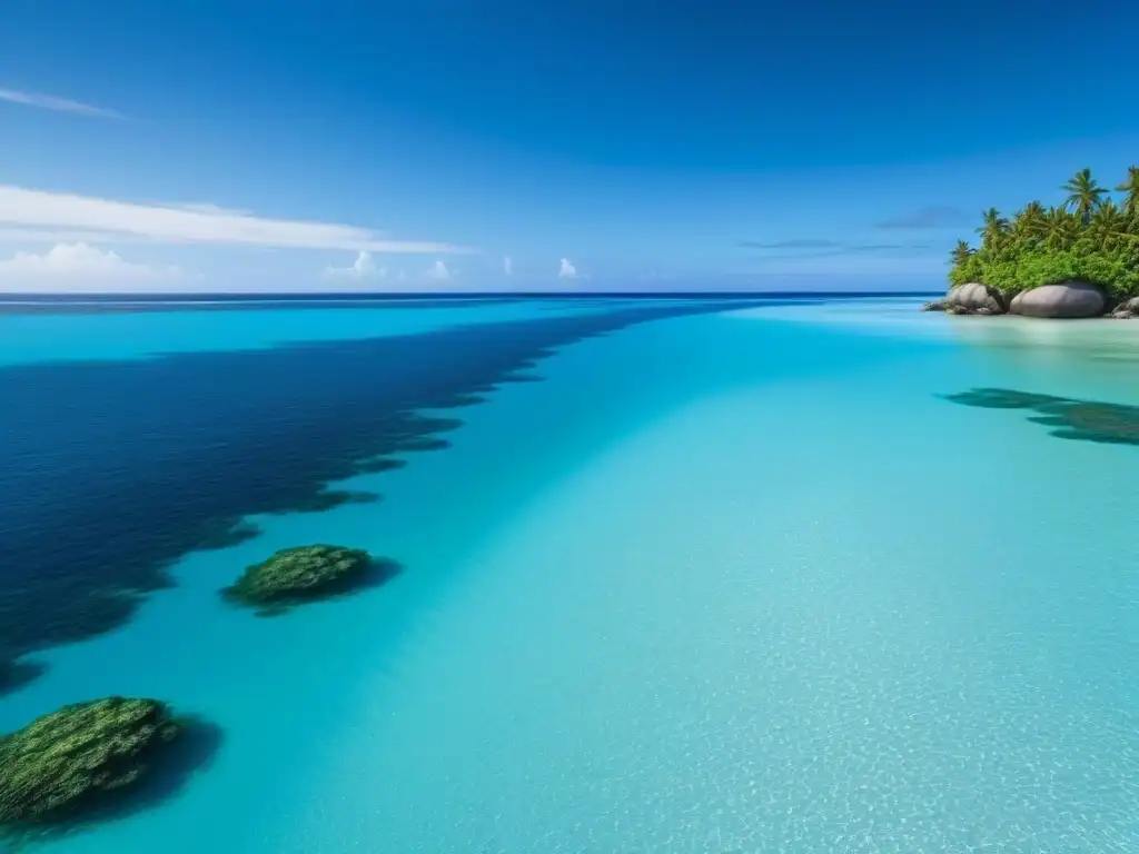 Vista idílica del océano desde un yate ecológico de lujo, resaltando la belleza de los arrecifes de coral y la tranquilidad de la playa blanca