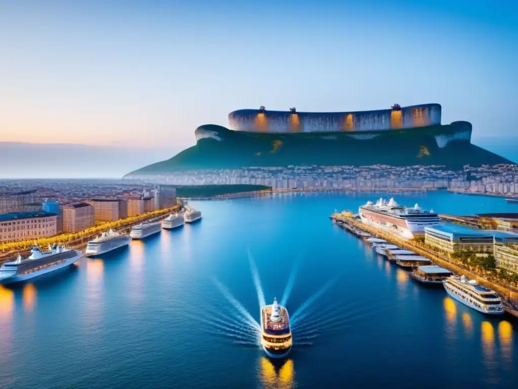 Mercado inmobiliario local: cruceros de lujo y rascacielos Vista impactante: cruceros y mercado inmobiliario local se entrelazan en un bullicioso escenario urbano bajo cielo azul