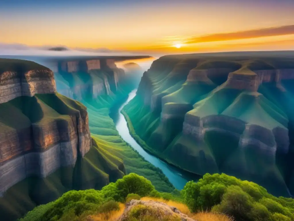 Vista impresionante desde acantilado, cañón y río abajo al atardecer