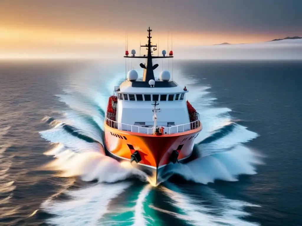 Vista impresionante de un bote salvavidas moderno en el mar tranquilo al atardecer, destacando protocolos de seguridad en cruceros