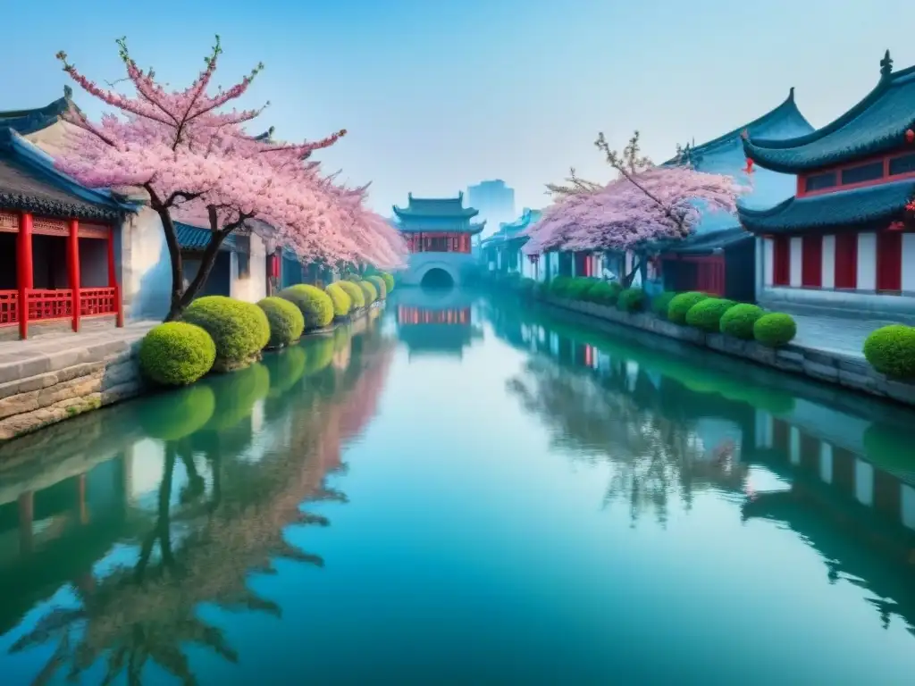 Vista impresionante de los pintorescos canales de Suzhou, China, con arquitectura tradicional china, árboles de cerezo rosados y cielos azules