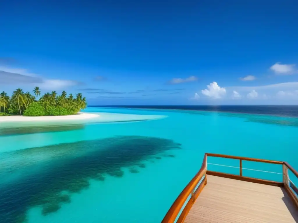 Vista de una isla privada desde un lujoso crucero, con aguas turquesas, playas de arena blanca y palmeras