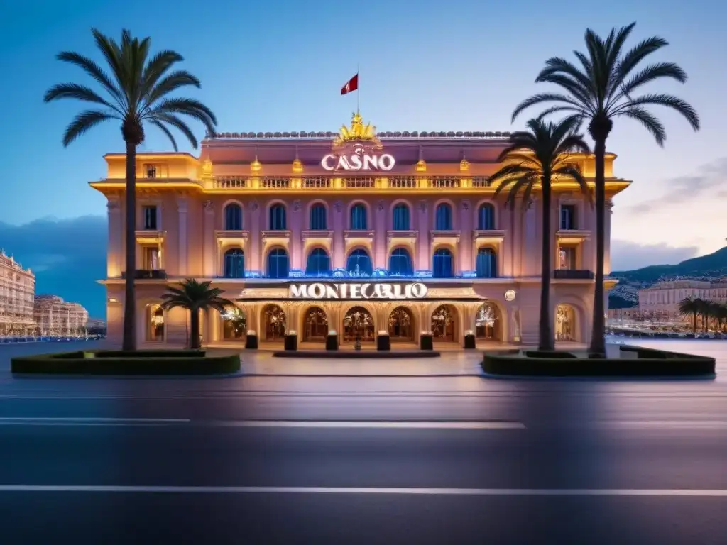 Vista minimalista del Casino de MonteCarlo al anochecer, con luces de tiendas de lujo