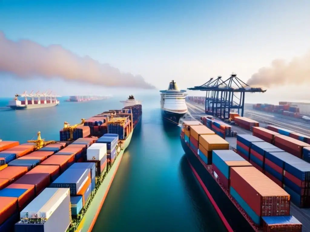 Vista panorámica de un puerto bullicioso con cruceros y contenedores, reflejando el impacto económico de los puertos cruceros