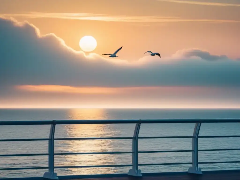 Vista serena desde crucero al atardecer con mar tranquilo, gaviotas y cielo vibrante