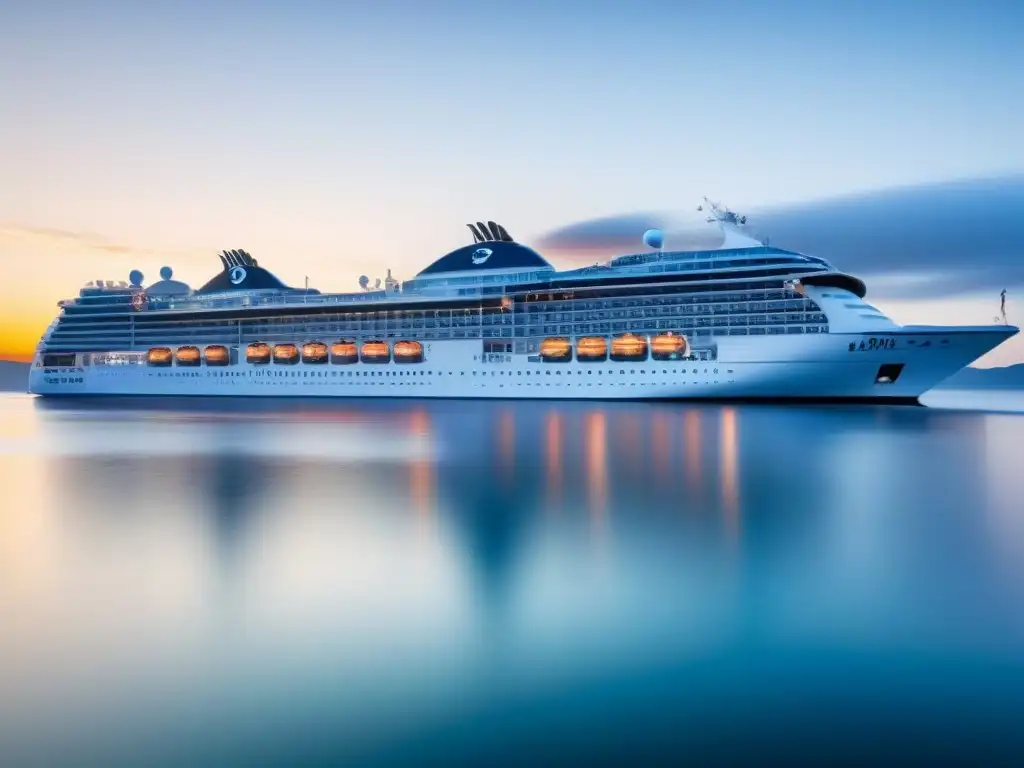 Una vista serena de cruceros en un puerto, con barcos de diferentes líneas afiliadas, bajo un cielo azul y pinceladas de atardecer