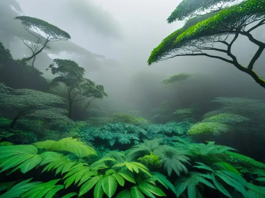 Vista serena de un dosel verde de selva lluviosa desde arriba, con luz solar filtrándose entre las hojas