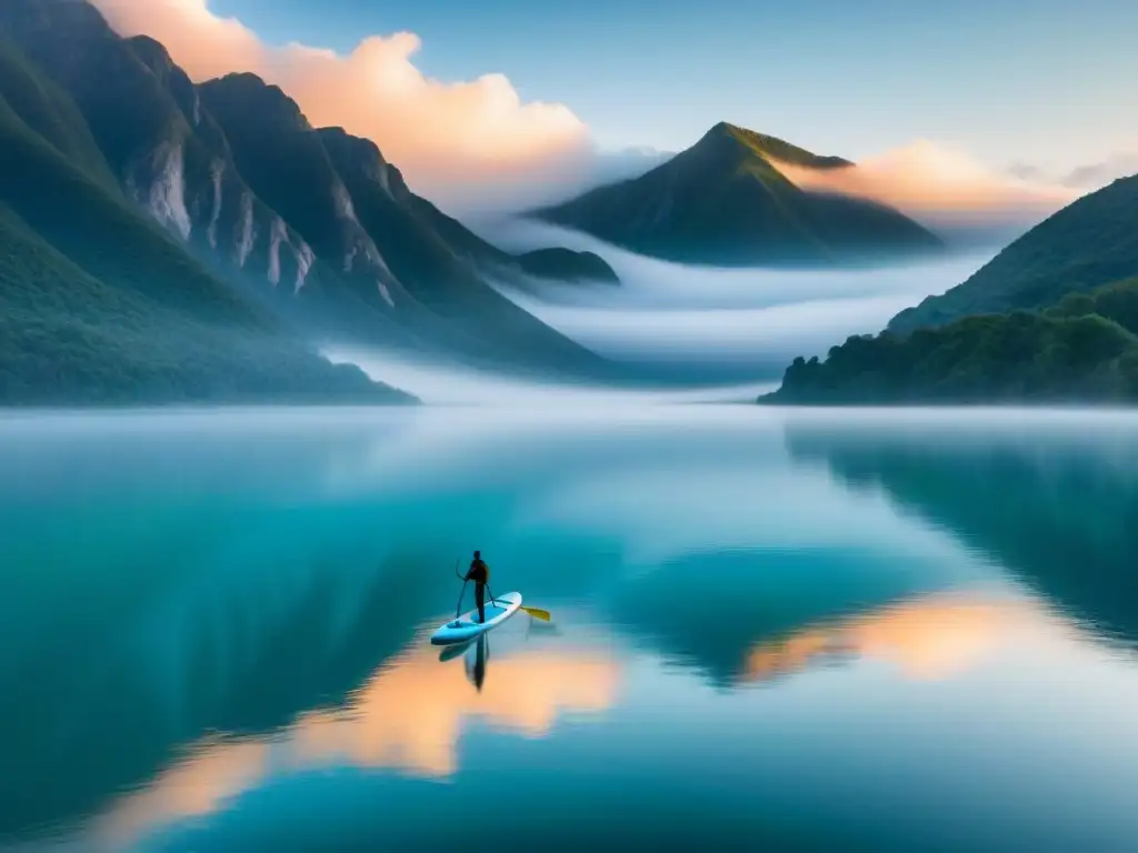 Vista serena de un lago al amanecer con paddleboard, rodeado de montañas brumosas