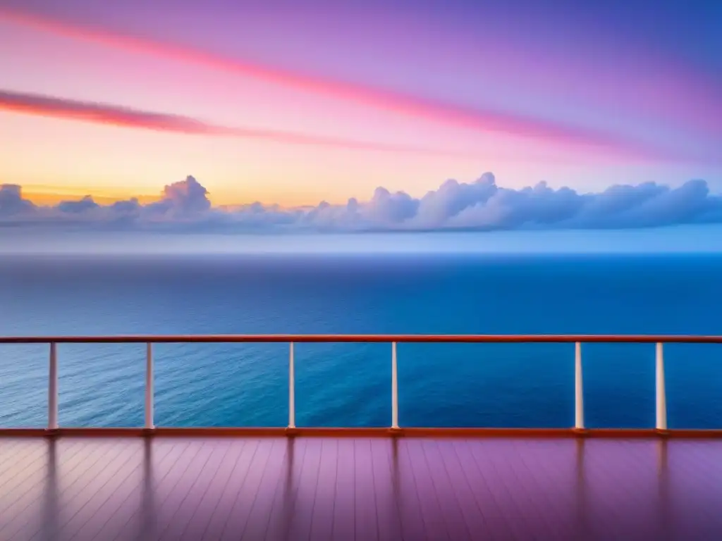 Vista serena del océano al atardecer desde un crucero, transmitiendo tranquilidad y conciencia ambiental con alimentos sostenibles en cruceros