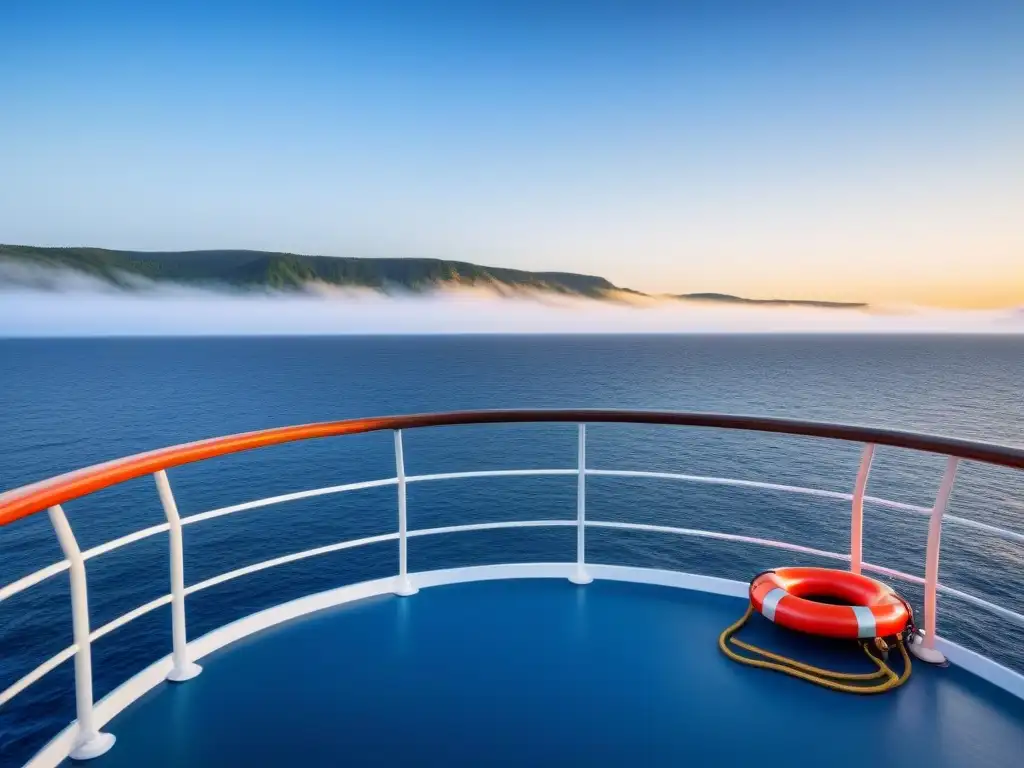 Vista serena del océano desde un crucero, con cielo azul, agua calmada y un salvavidas