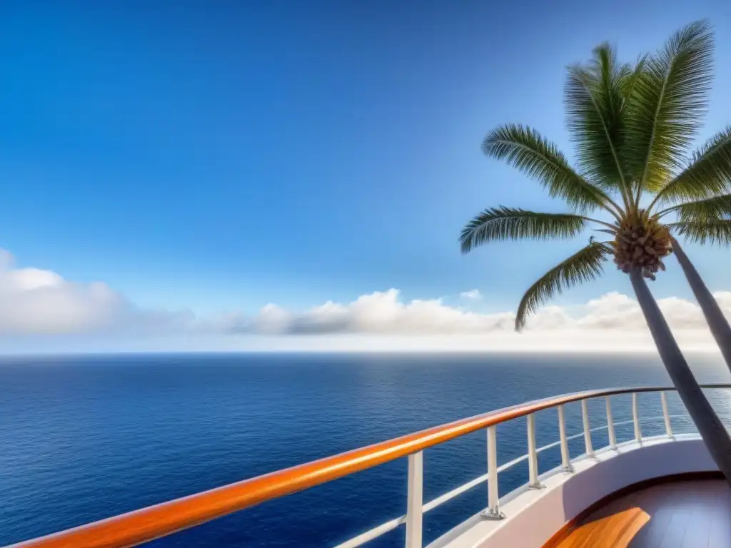 Vista serena del océano desde un lujoso crucero, con aguas azules, cielos despejados y costa con palmeras