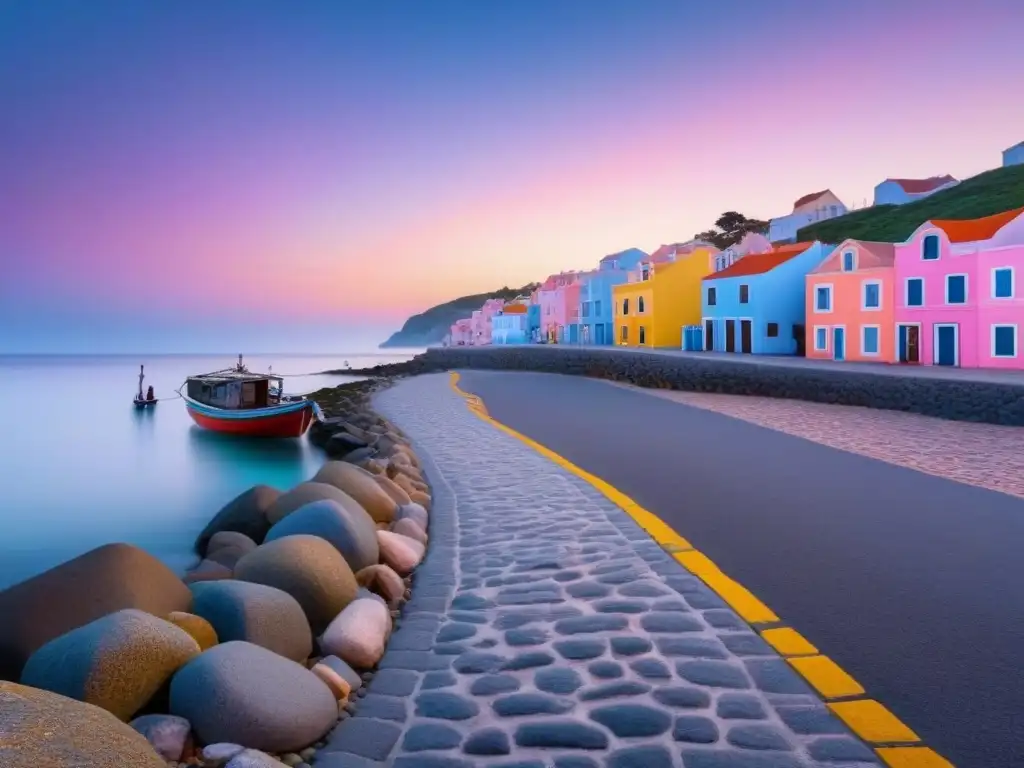 Vista serena de un pueblo costero al amanecer, con edificios de colores pastel y botes de pesca en el mar tranquilo