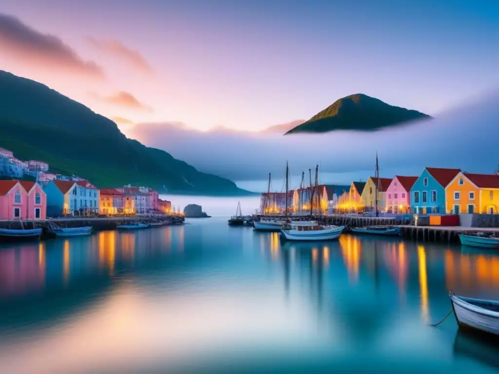 Vista serena de un pueblo costero al amanecer, con edificios de colores pastel y barcos de pesca en aguas tranquilas