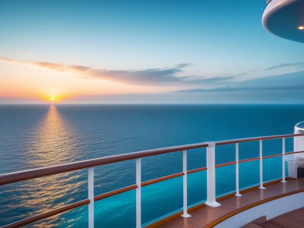 Vista tranquila desde lujoso crucero con diseño minimalista, reflejando el atardecer en aguas cristalinas