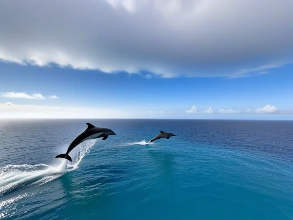 Vistas serenas del océano desde un crucero, con aguas turquesas cristalinas y delfines saltando en la distancia