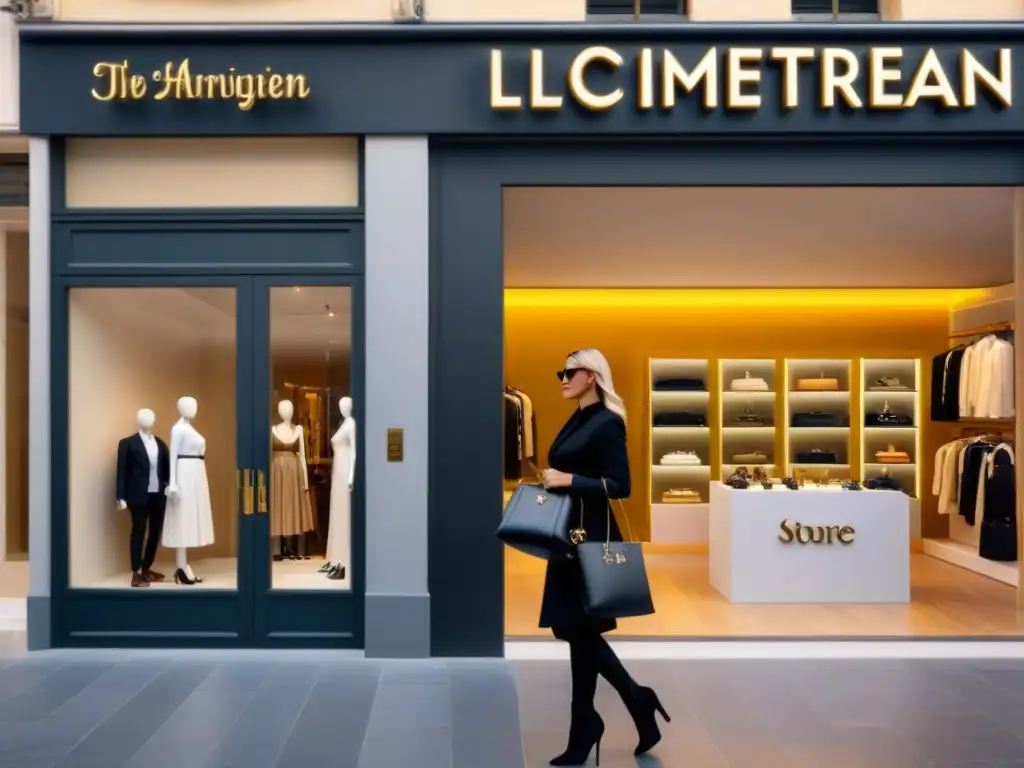 Escaparate de lujo en ciudad mediterránea Vitrina de lujo en el Mediterráneo con diseño exclusivo de bolsos, zapatos y accesorios de alta gama