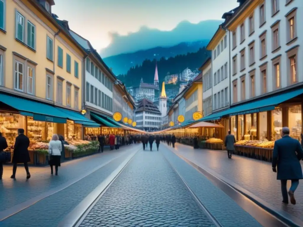 Vitrinas elegantes en Bahnhofstrasse, Zúrich, con los Alpes de fondo