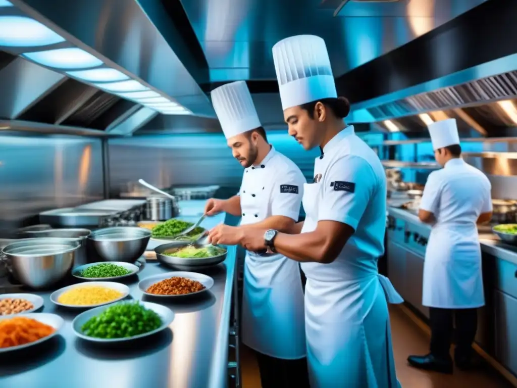 Mostrando en vivo la cocina de cruceros: chefs en uniforme blanco preparando platos gourmet en una cocina moderna y activa