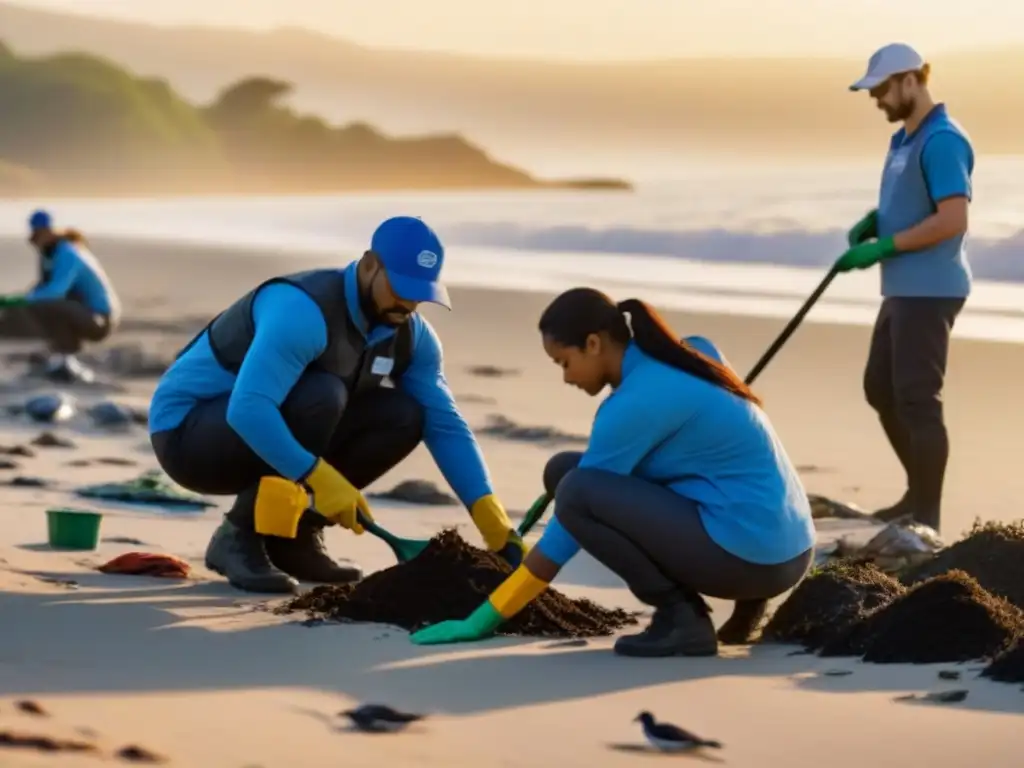 Voluntariado en cruceros ecológicos: Grupo diverso limpiando playa al amanecer, unidos por un mundo mejor