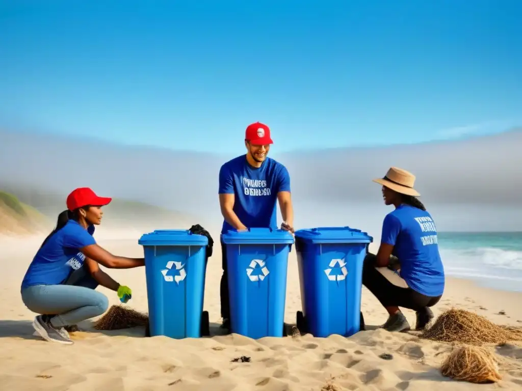 Voluntariado en cruceros ecológicos: Grupo diverso recogiendo basura y clasificando reciclables en una playa limpia y soleada