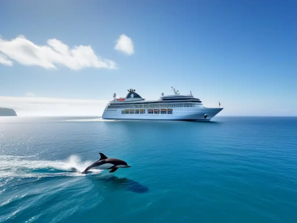 Voluntariado en cruceros ecológicos: Un paisaje sereno con un crucero ecofriendly y delfines nadando en aguas cristalinas