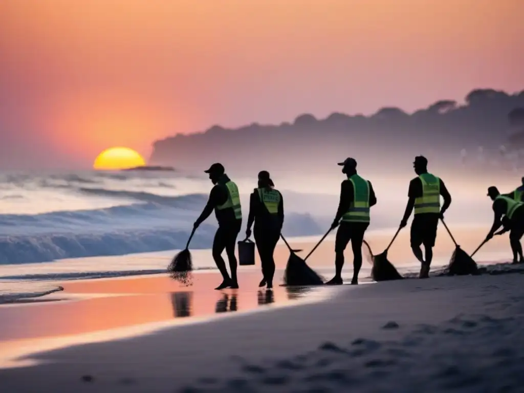 Voluntariado en cruceros ecológicos: Siluetas de voluntarios limpiando una playa al atardecer, con olas suaves y gaviotas volando