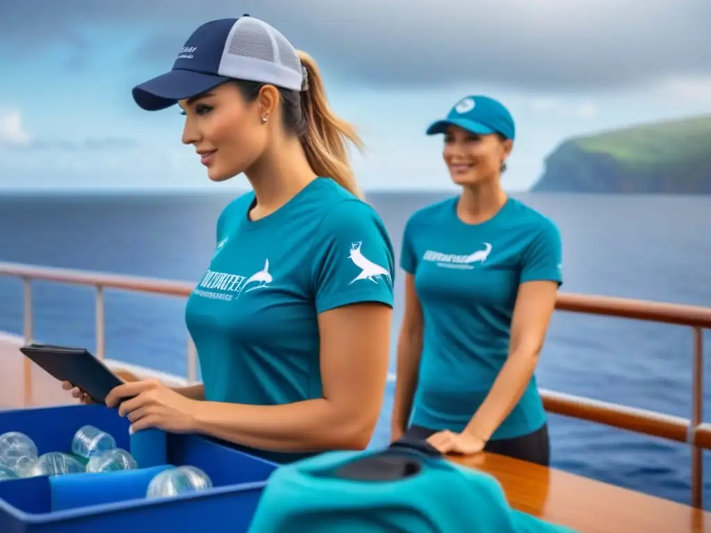 Voluntario a bordo de cruceros sostenibles, clasificando reciclables con delfines nadando