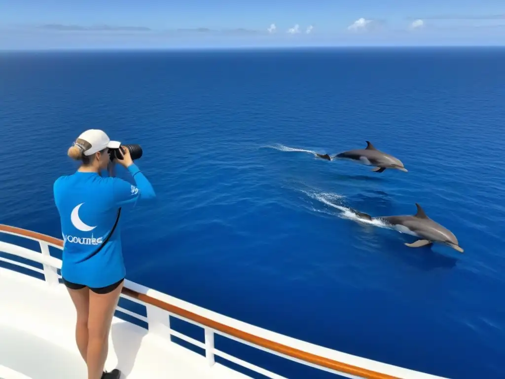 Voluntario en crucero ecológico, observando delfines en el mar