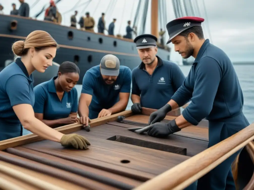 Voluntarios restaurando antiguo barco naval en línea minimalista B/N