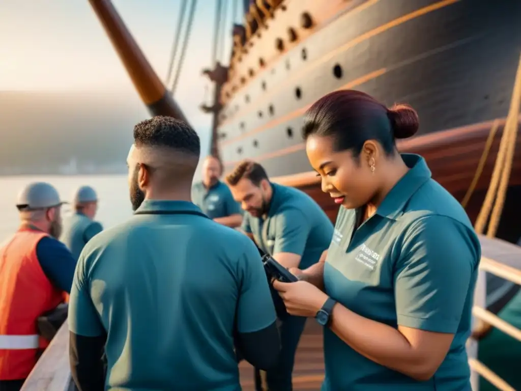 Voluntarios restaurando un barco naval histórico al atardecer, mostrando la dedicación de las iniciativas de conservación del patrimonio naval