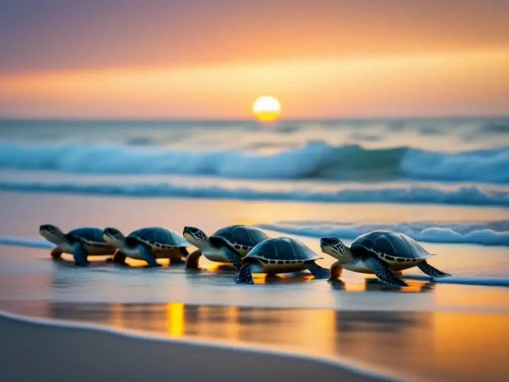 Voluntarios liberando crías de tortugas al atardecer Voluntarios liberan crías de tortugas al mar al atardecer, escena de conservación y esperanza en la conservación marina tortugas turismo